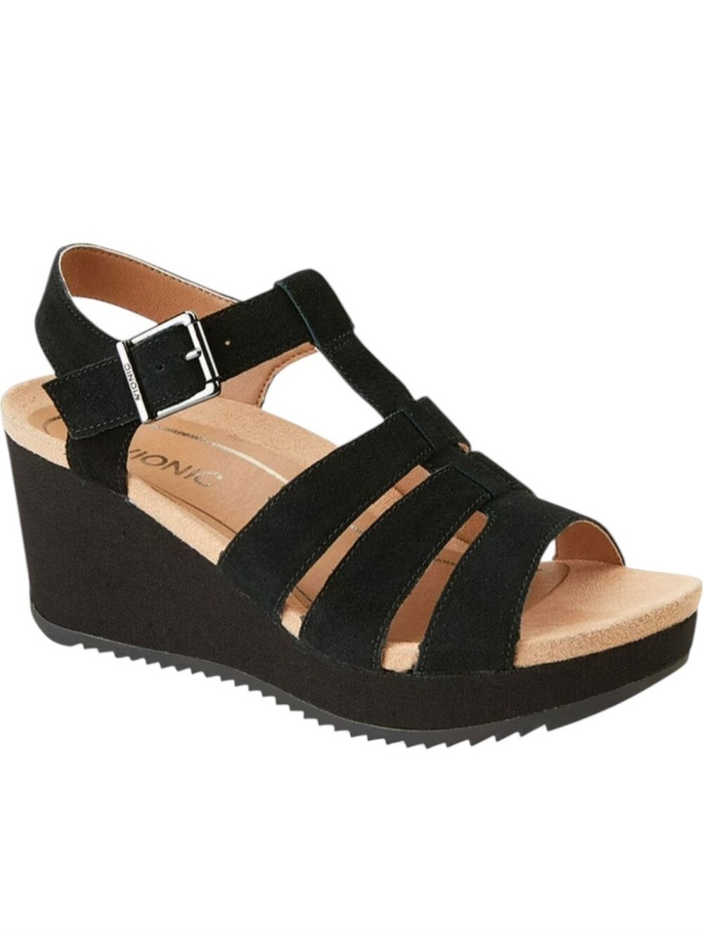Vionic Tawny Black Suede Strappy Wedge Sandals Size 7 Orthotic Comfort NWOT NWOB